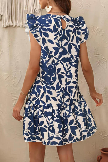 White and Blue Floral A Line Short Summer Dress with Ruffles Sleeves